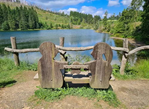 teich mit liebesbank bei wanderung liebesbankweg im harz